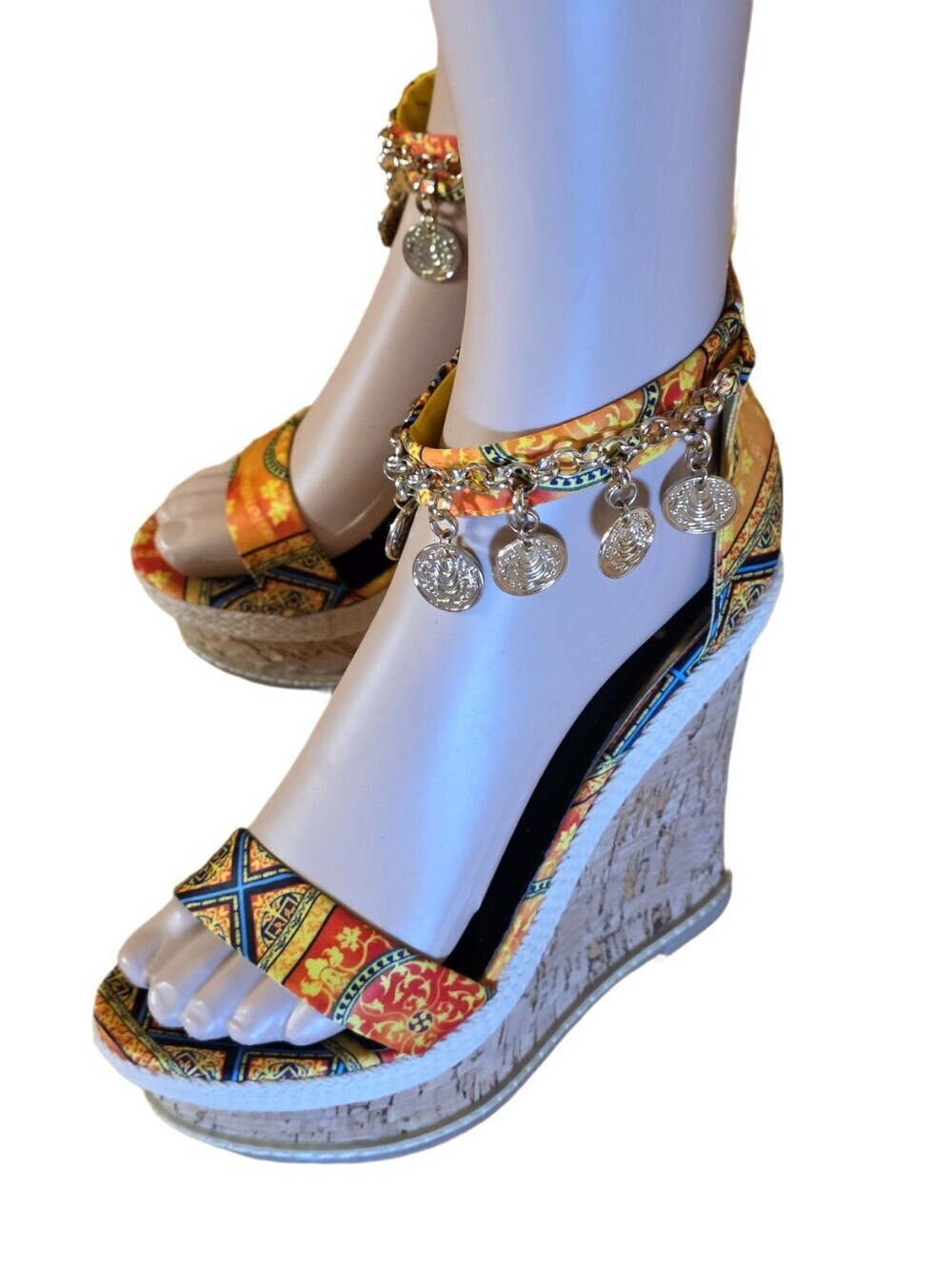 Echo Bohemian Resort Festival Coin Embellished Cork Wedge Sandals 8.5